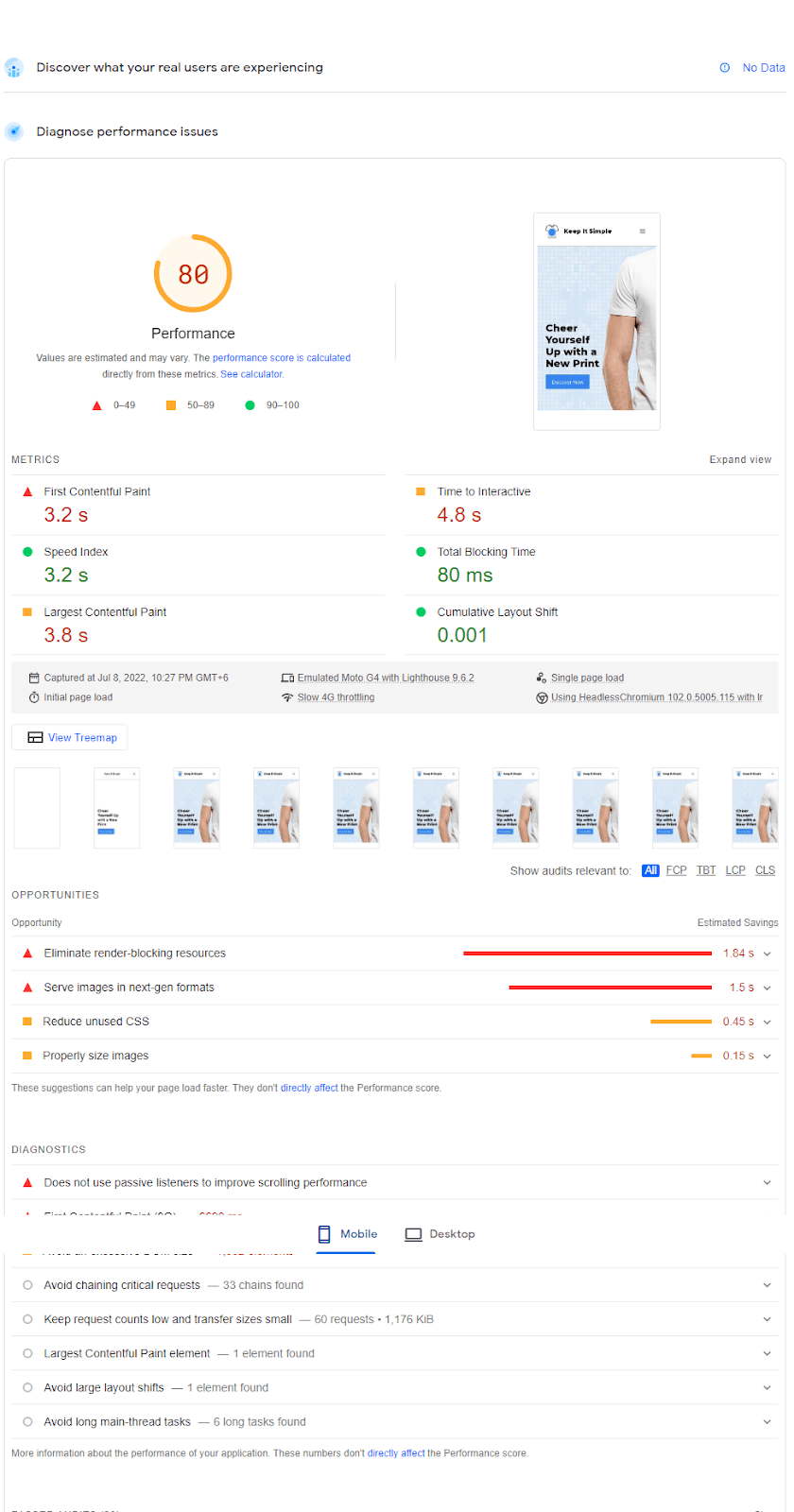 Speed test result before using Kadence theme 