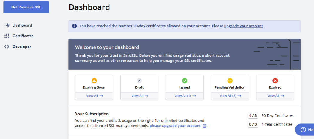 zerossl dashboard and ui overview