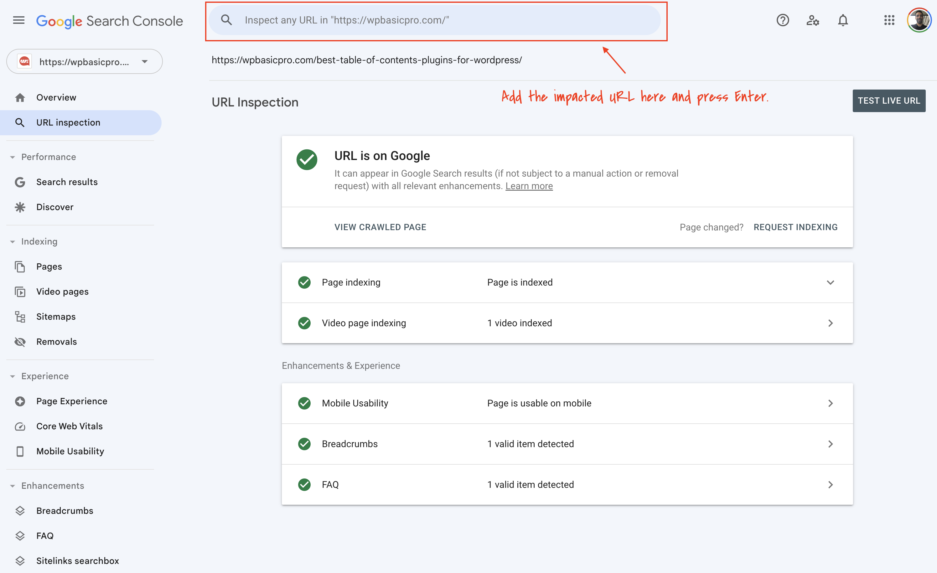 GSC URL Inspection Tool