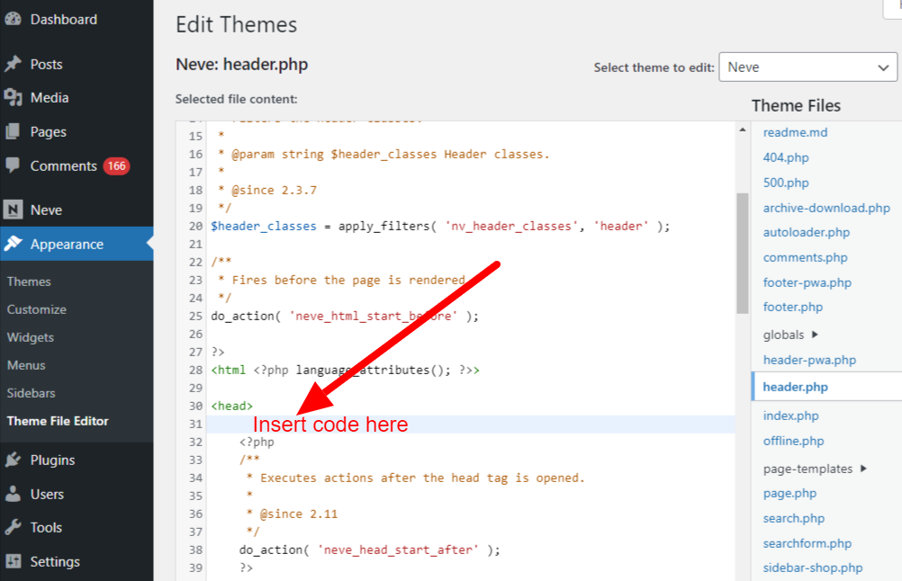 Insert code in the header.php file