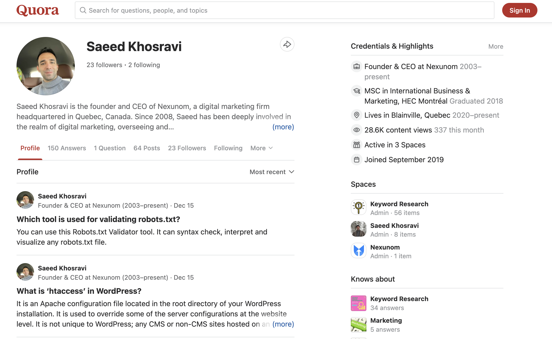 Quora Profile - Saeed Khosravi