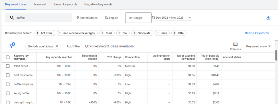 Google Keyword Planner keyword search
