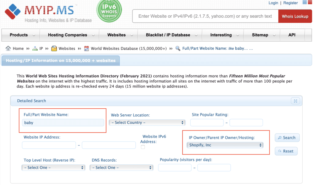 Sse Myip.ms to find dropshipping stores