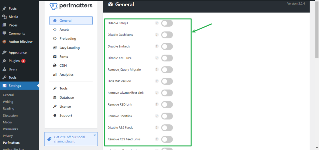 Perfmatters general settings