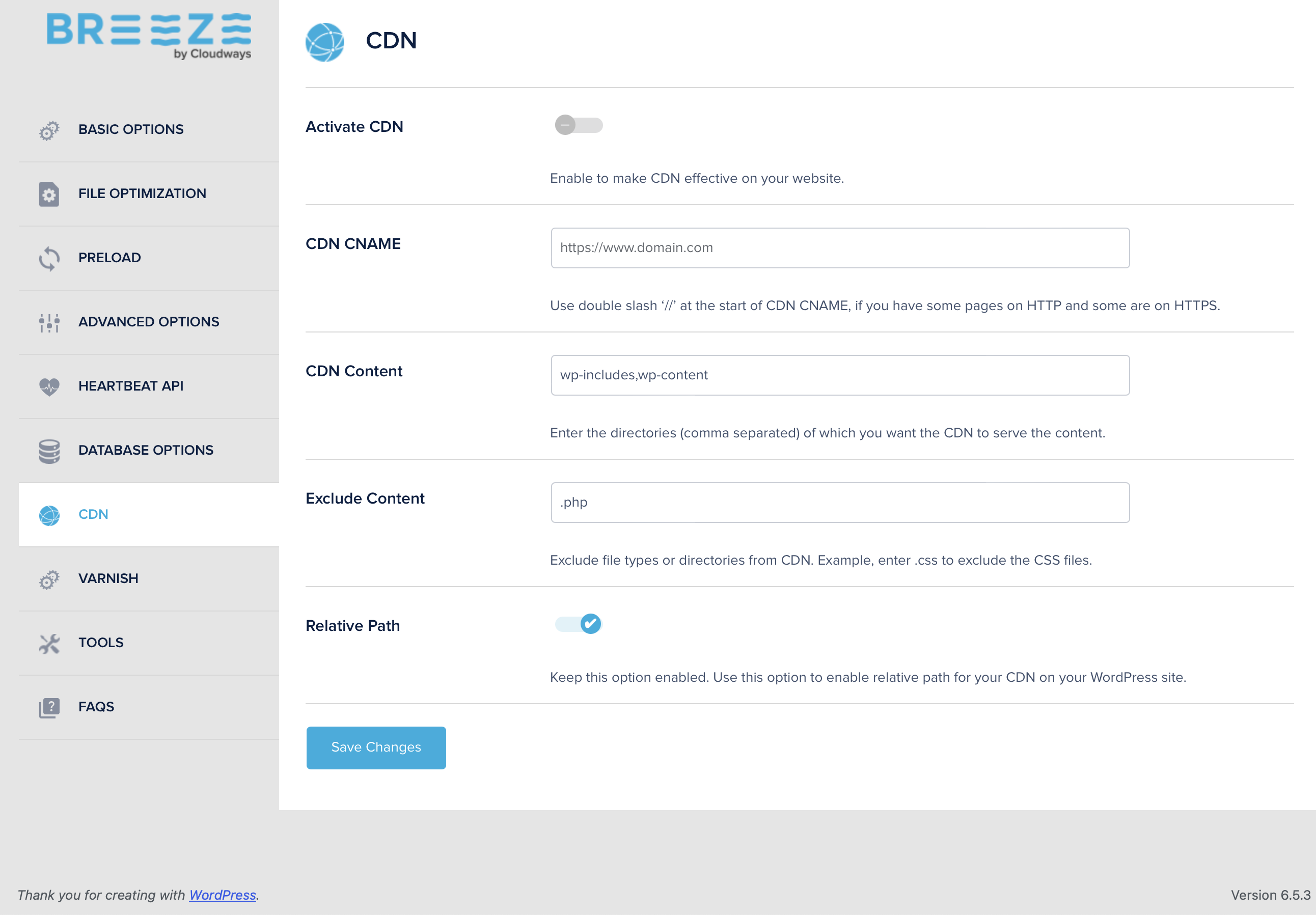 Breeze CDN Settings